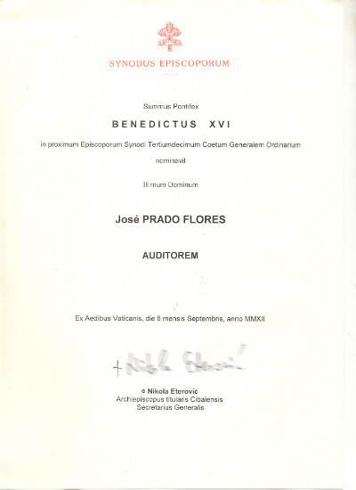 José Prado Flores kinevezése a XIII. püspöki szinódus hallgatójává